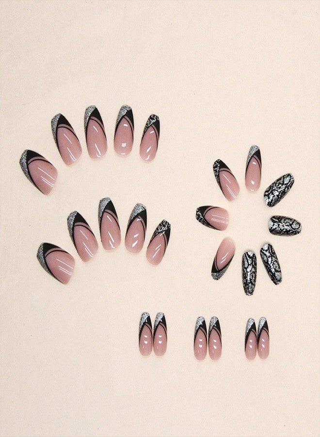 TOGZOM Black French Tip Press on Nails Medium Coffin Fake Nails Silver Glitter False Nails with Design Leopard Glue on Nails Short Acrylic Nails Stick on Nails for Women Manicure 24Pcs - Image 2